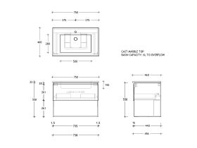 Posh Domaine Open Shelf All-Drawer 750mm Wall Hung Vanity Cast Marble Top Centre Basin