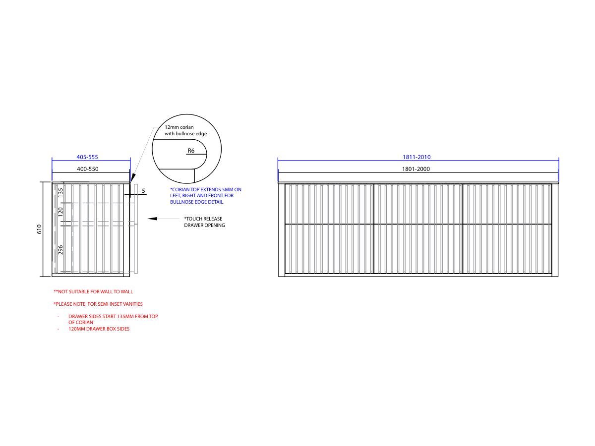 ISSY Custom Cloud II 1801-2000mm x 400-550mm x 610mm Wall Hung Vanity Unit 6 Touch Latch Drawers Semi Inset (No Basin)