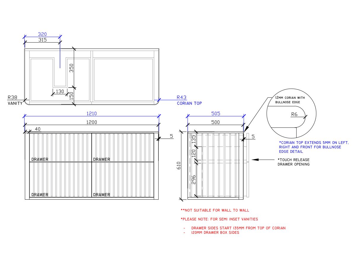 ISSY Cloud II 1200mm x 500mm x 610mm Wall Hung Vanity Unit 4 Touch Latch Drawers Semi Inset (No Basin)