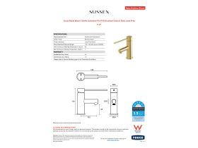 Specification Sheet - Scala Basin Mixer 150mm Extended Pin PVD Brushed Gold (6 Star) Lead Free