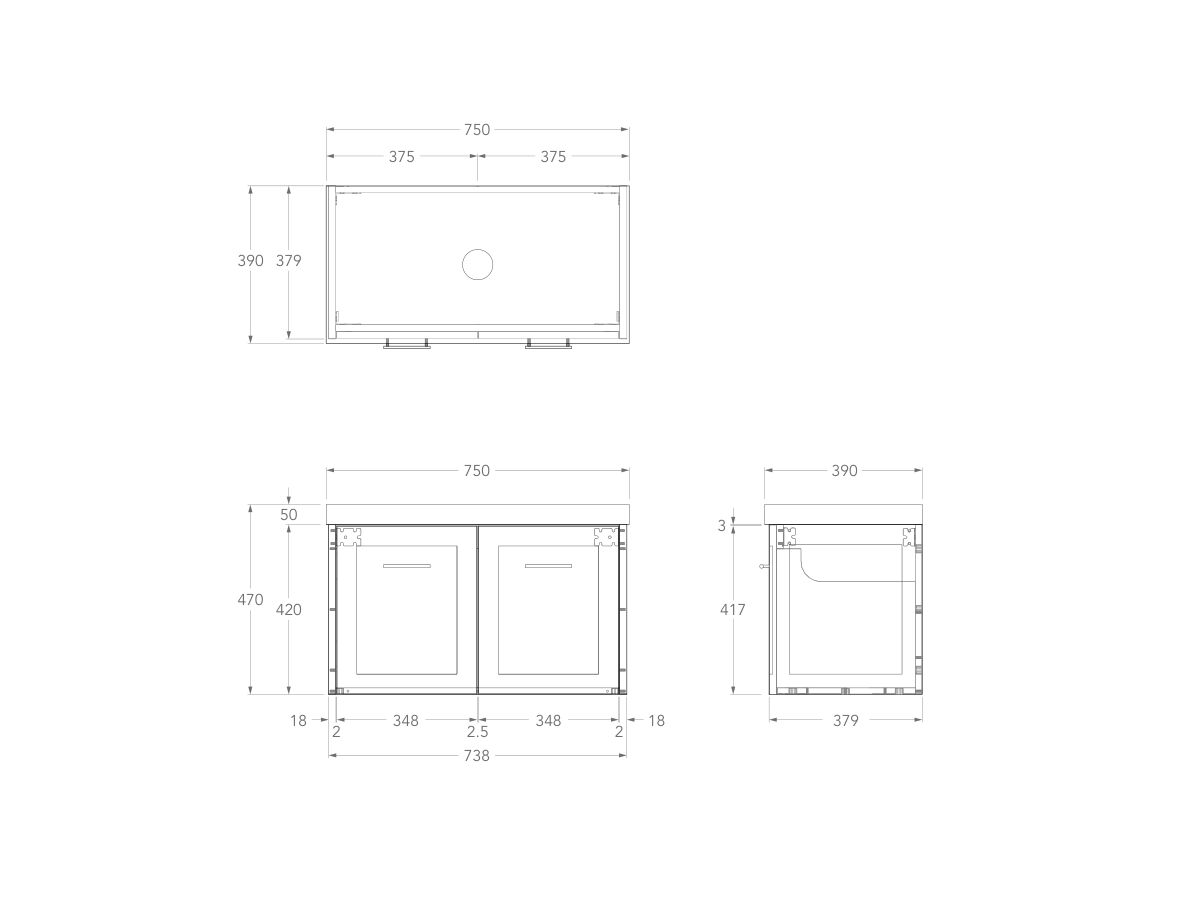 Technical Drawing - Kado Lux Ensuite All Door 750mm Wall Hung Centre Basin 50mm Top
