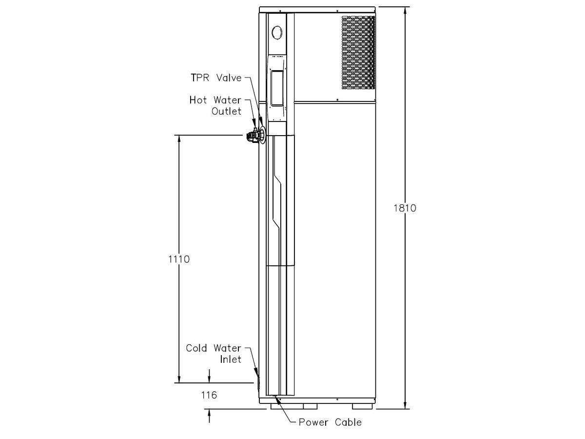 Technical Drawing - Rheem AmbiPower MDc-180 R513a Ultra Low GWP Heat Pump - 1.4kW Plug
