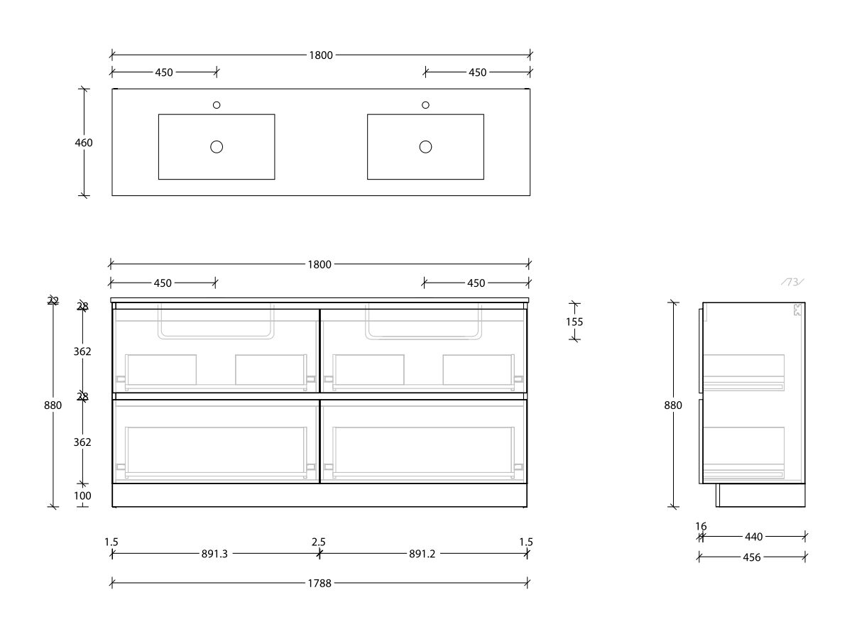 Posh Domaine & Domaine Plus All-Drawer Twin 1800mm Floor Mounted Vanity Unit Double Bowl Cast Marble Top