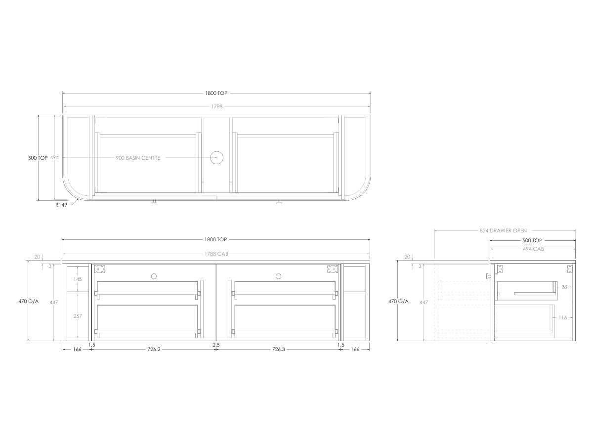 Technical Drawing - Kado Era Double Curve All Drawer 1800mm Wall Hung Vanity with Centre Basin 20mm Top