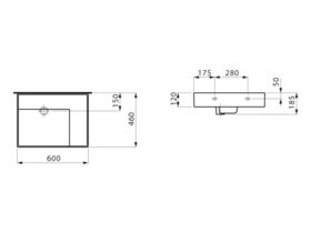 Technical Drawing -  LAUFEN Kartell Wall Basin with Shelf Left Hand Bowl 600mm x 460mm No Taphole