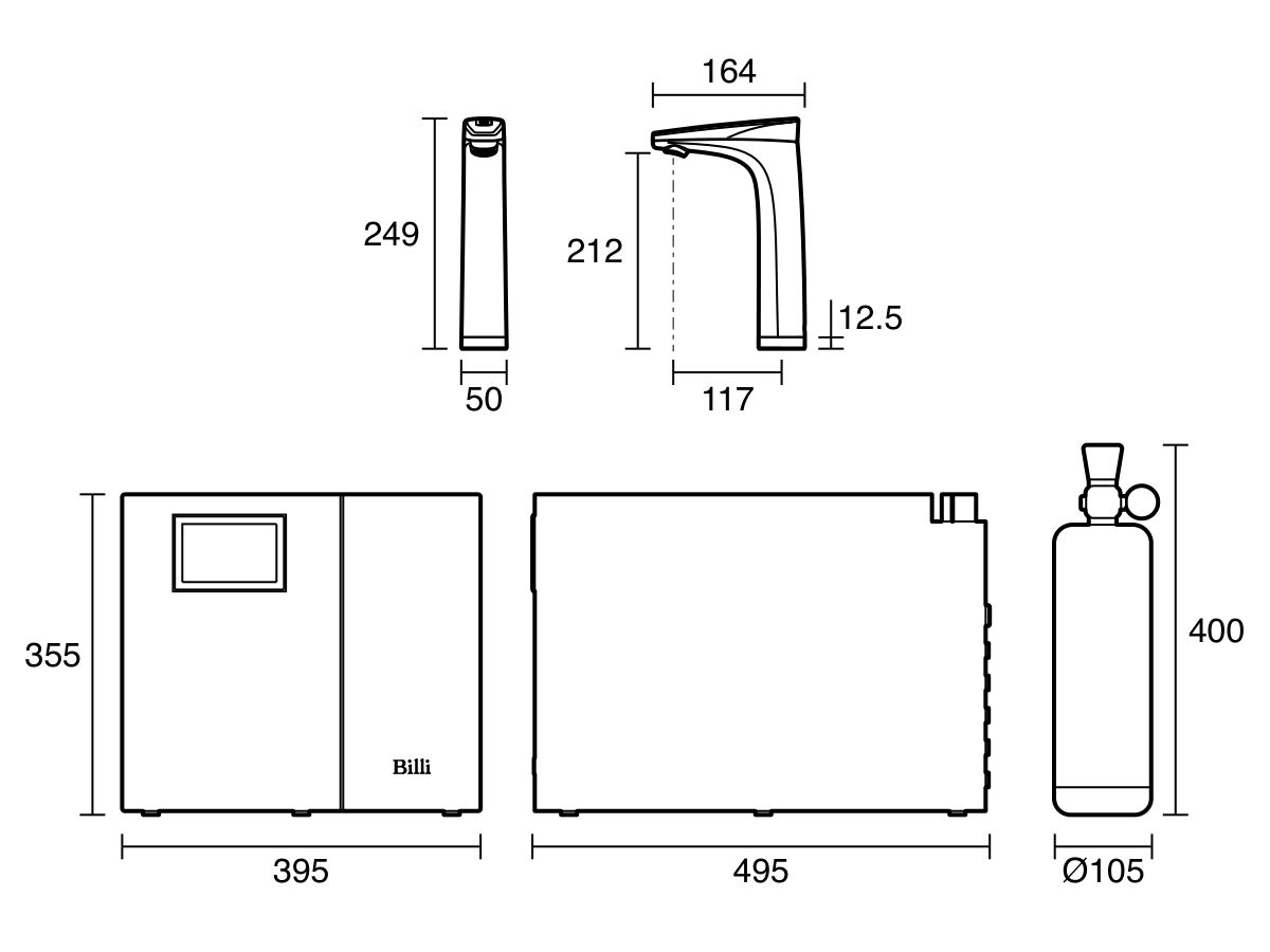 Technical Drawing - Billi Touch Motion Boiling Chilled Sparkling Tap OmniOne Pro