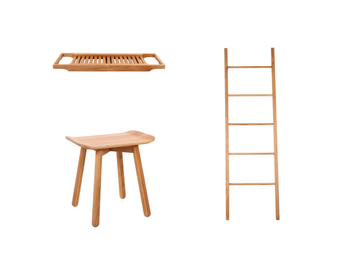 Kado Arc Timber Bathroom Accessories Pack 3 Piece (Towel Ladder, Bath Rack & Stool) American Oak