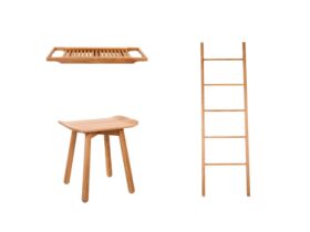 Kado Arc Timber Bathroom Accessories Pack 3 Piece (Towel Ladder, Bath Rack & Stool) American Oak