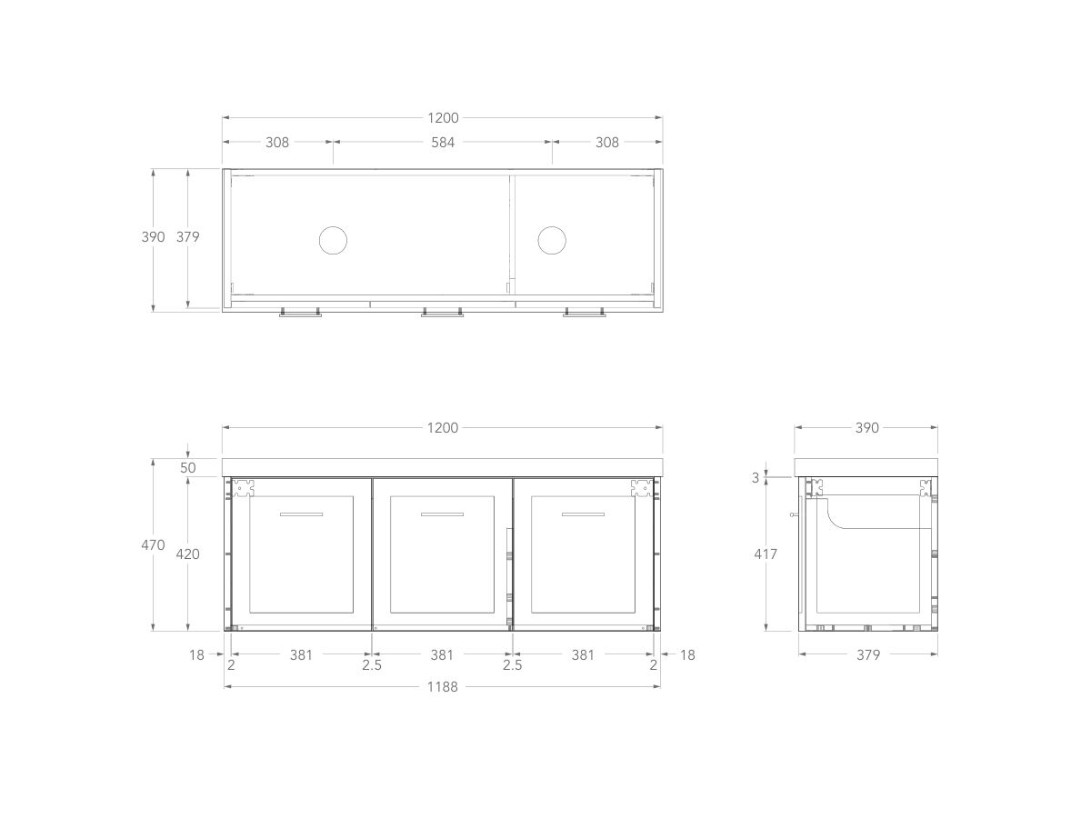 Technical Drawing - Kado Lux Ensuite All Door 1200mm Wall Hung Double Basin 50mm Top