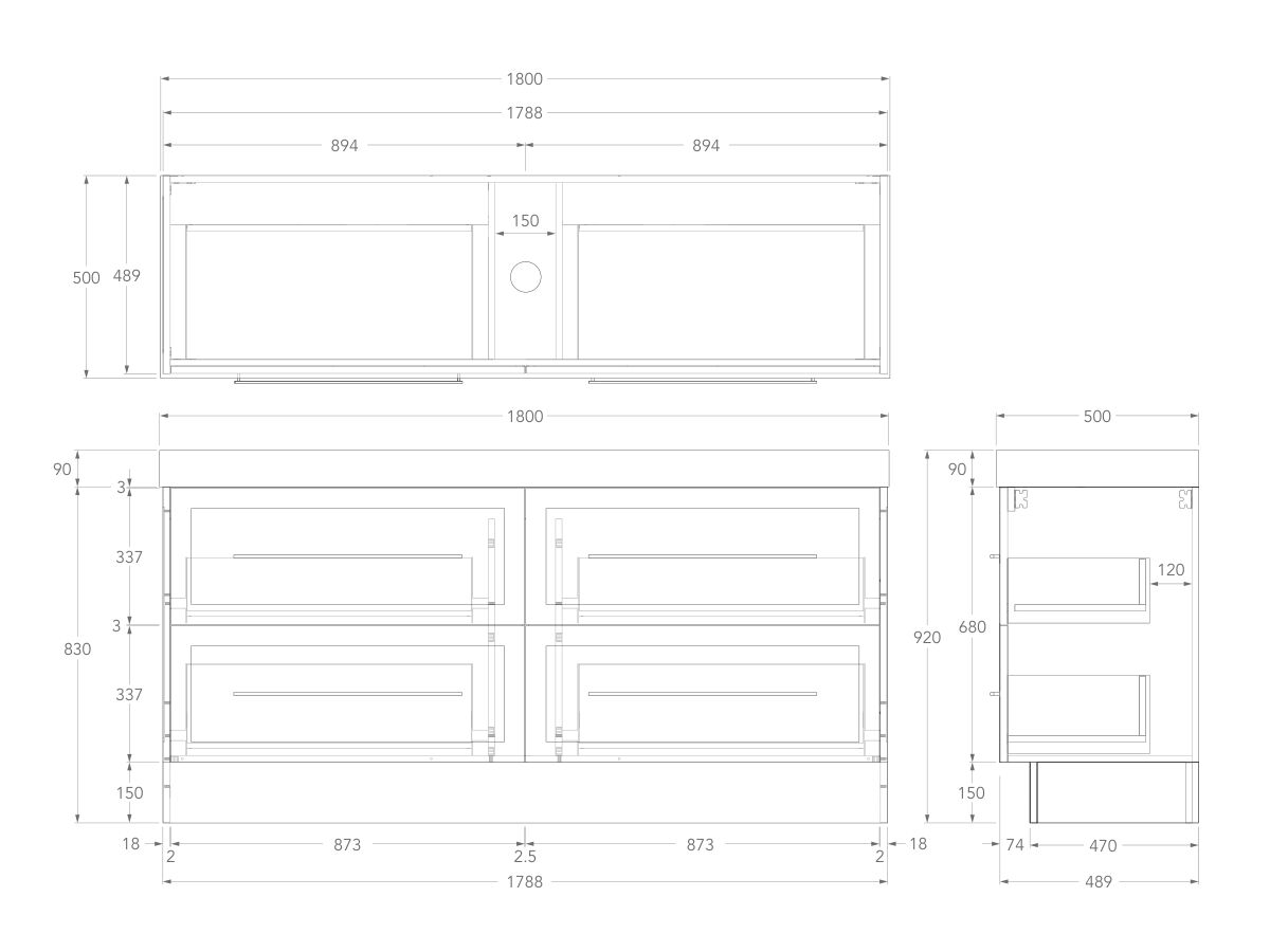 Technical Drawing - Kado Lux 1800mm All Drawer Floor Mounted Vanity Unit 4 Drawers Centre Bowl 90mm Top