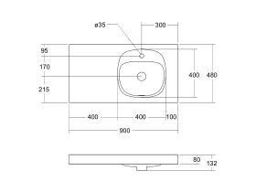 Kado Lussi 900mm Right Hand Bowl Rear Shelf Wall Basin with Overflow 1 Taphole Matte White Solid Surface