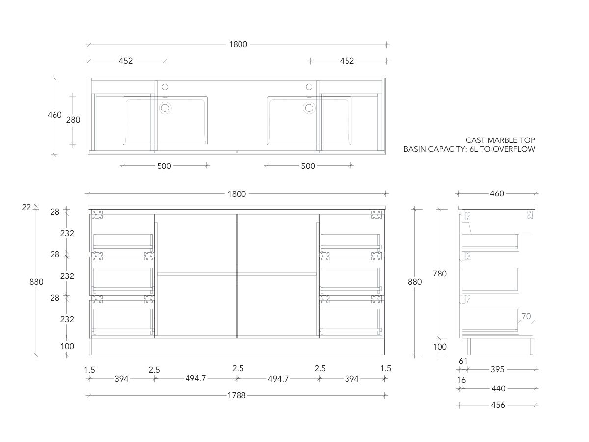 Posh Domaine Conventional 1800mm Double Bowl Floor Mounted Vanity Unit Cast Marble Top