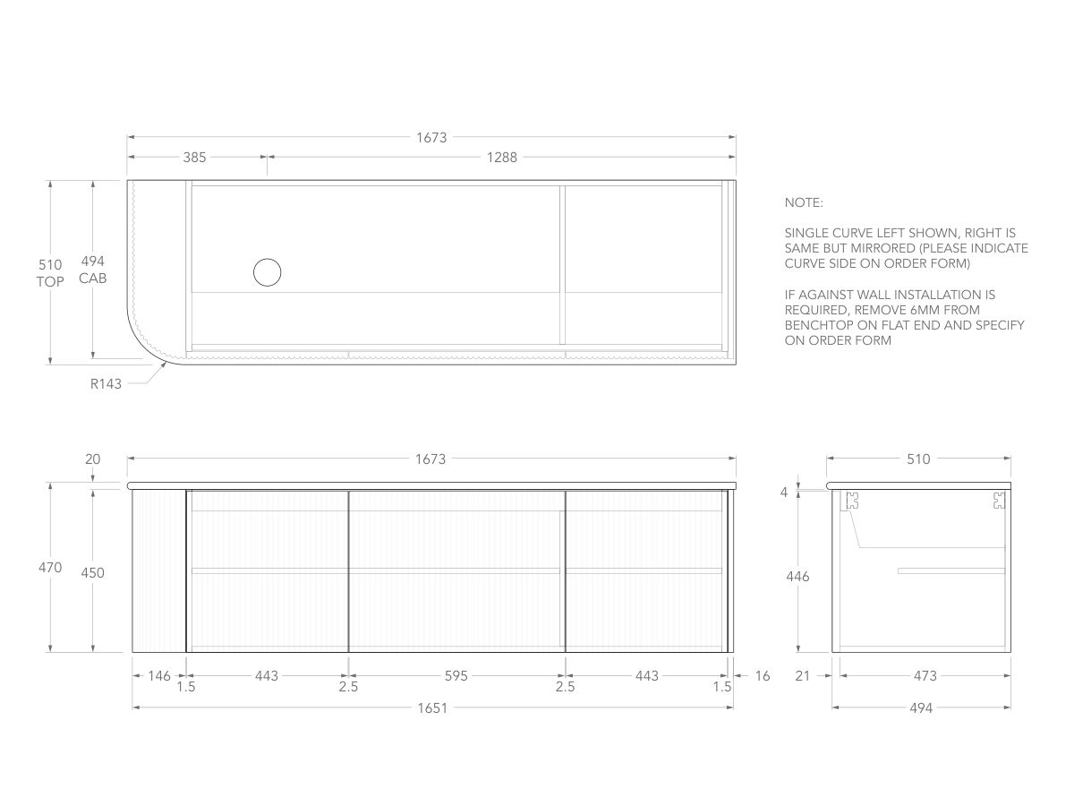 Technical Drawing - Kado Neue Fluted Single Curve All Door 1650mm Wall Hung Vanity with Left Hand Basin 20mm Top