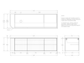 Technical Drawing - Kado Neue Fluted Single Curve All Door 1650mm Wall Hung Vanity with Left Hand Basin 20mm Top