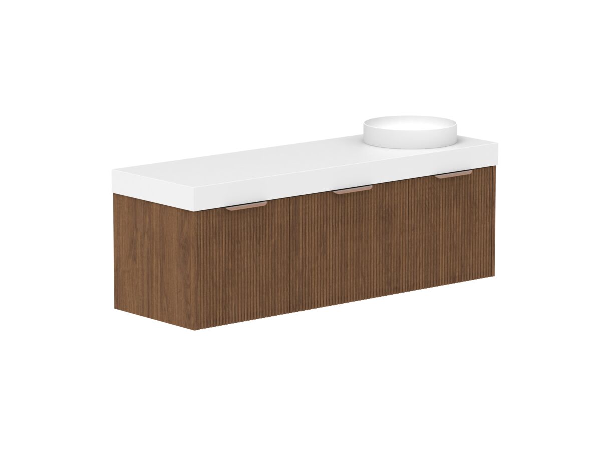 Hero - Kado Neue Fluted Square All Drawer 1500mm Wall Hung Vanity with Right Hand Basin 90mm Top Florentine Walnut