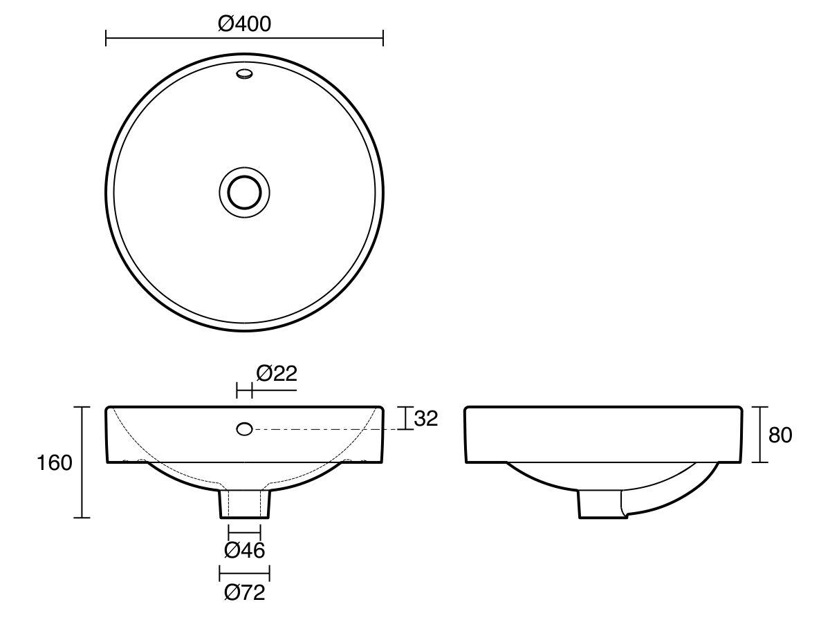 Technical Drawing - Posh Bristol Round Semi Inset Basin with Overflow No Taphole 400mm White