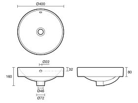 Technical Drawing - Posh Bristol Round Semi Inset Basin with Overflow No Taphole 400mm White