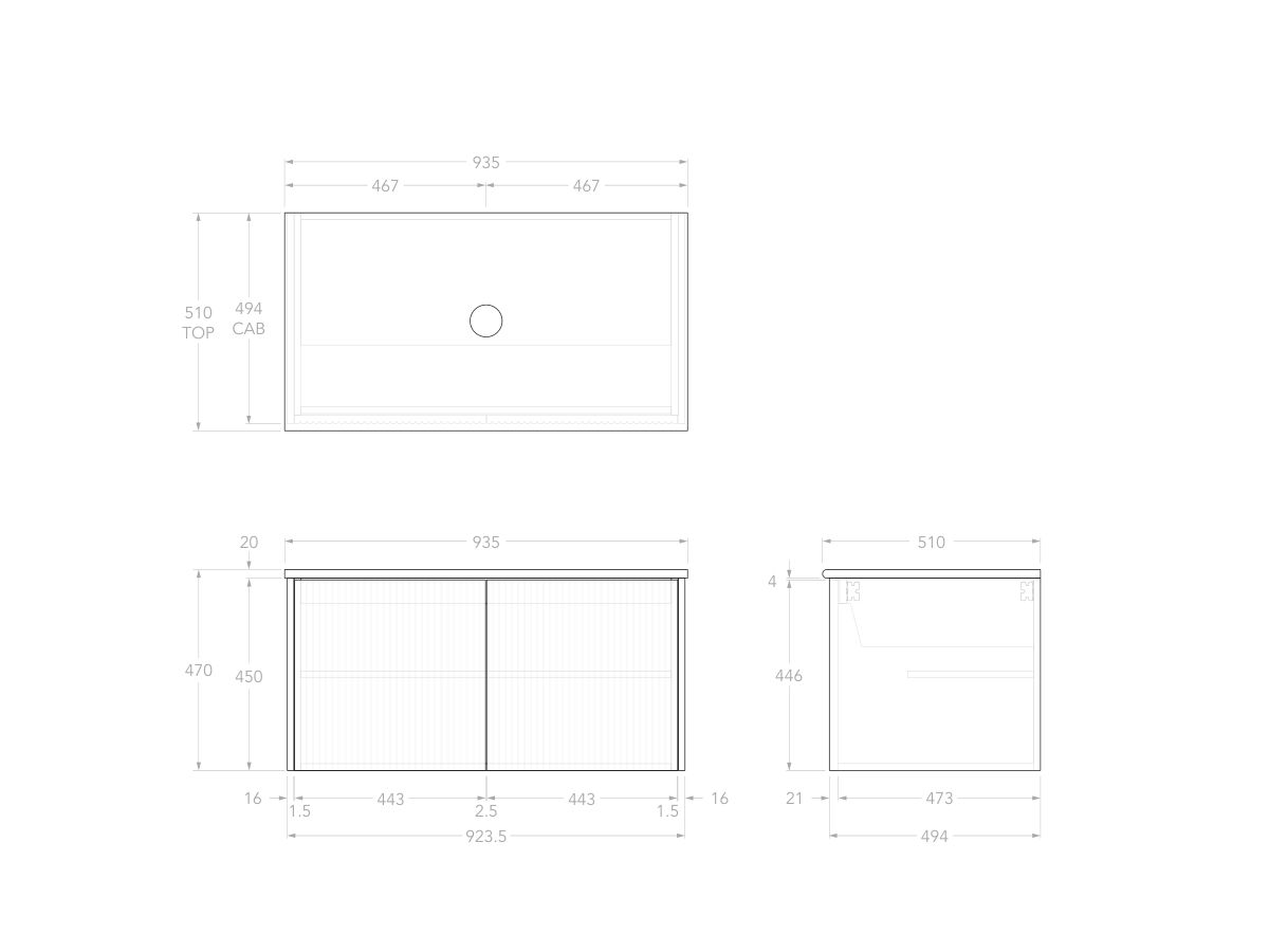 Technical Drawing - Kado Neue Fluted Square All Door 900mm Wall Hung Vanity with Centre Basin 20mm Top