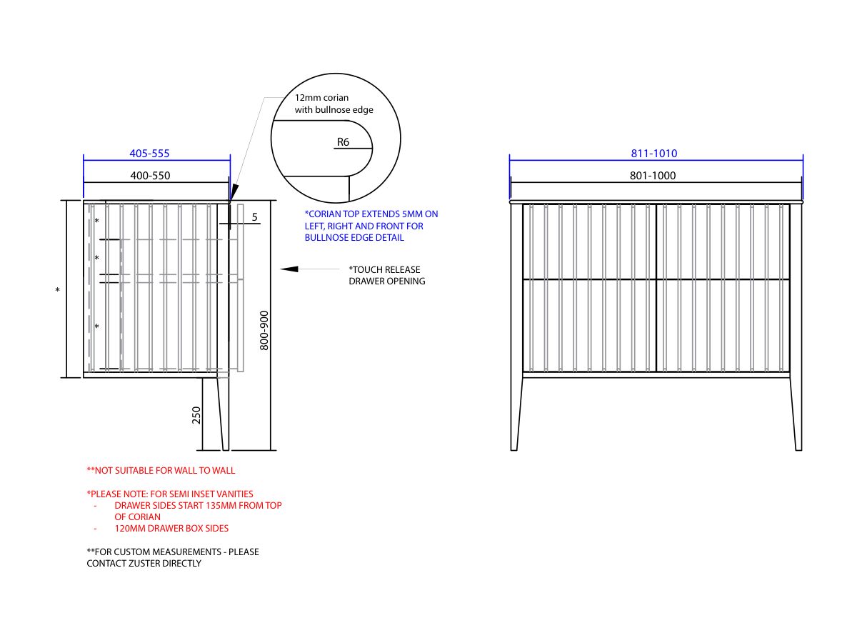 ISSY Custom Cloud II 801-1000mm x 400-550mm x 800-900mm Vanity Unit with Legs 4 Touch Latch Drawers Semi Inset (No Basin)