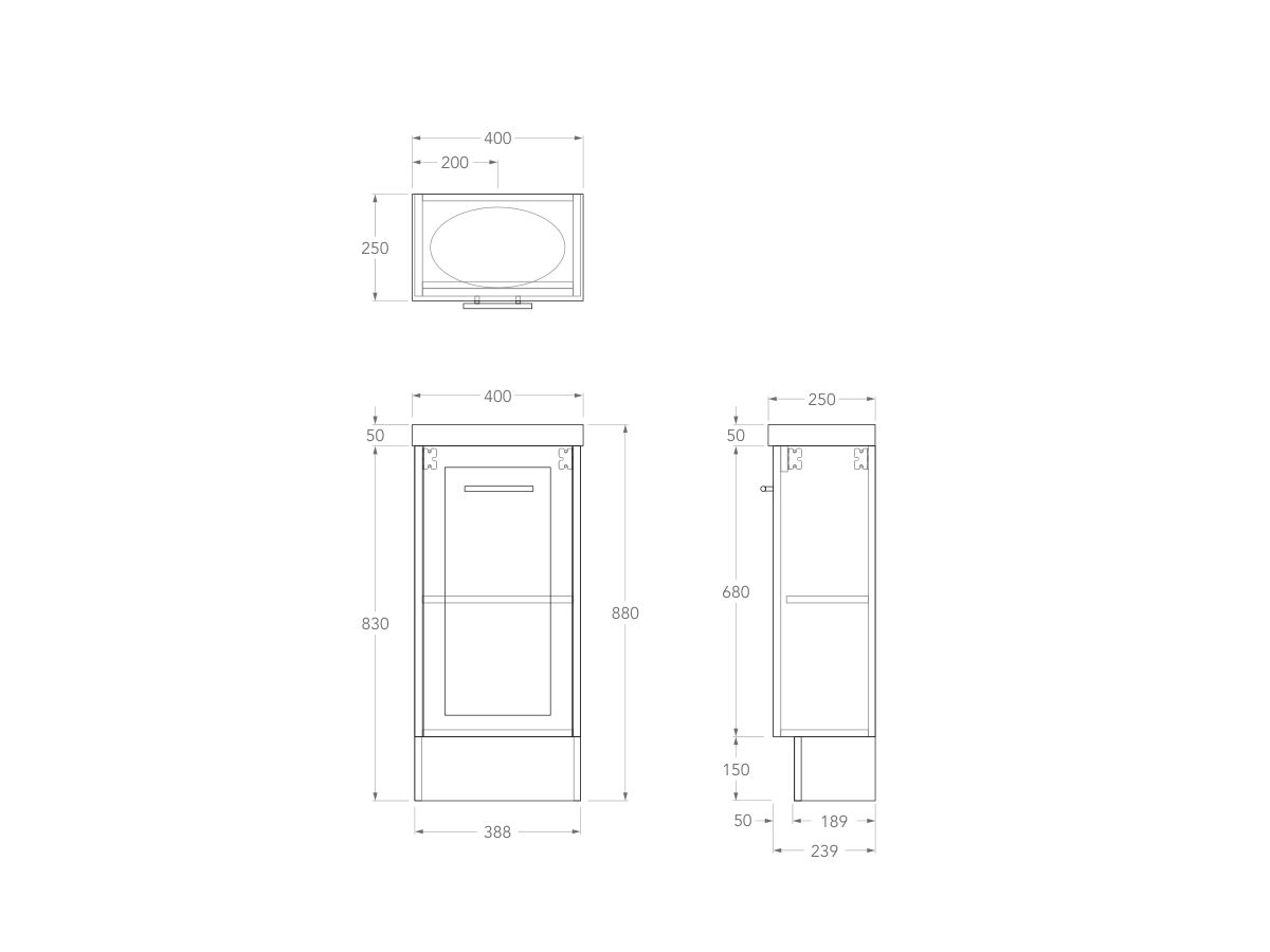 Technical Drawing - Kado Lux Petite Vanity Unit Floor Mount 400mm Centre Bowl 50mm Top (Basin Included)