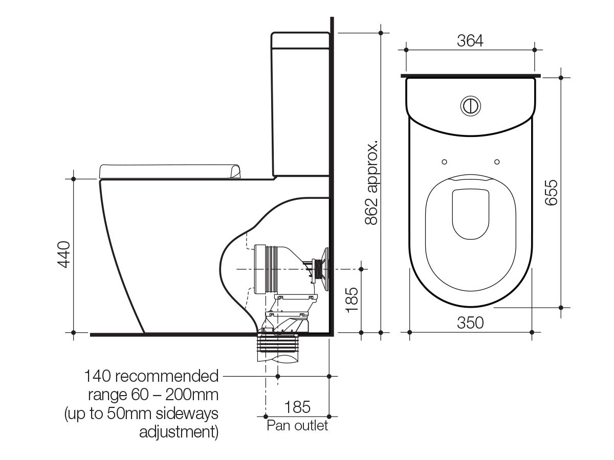 Caroma Forma Close Coupled Back To Wall Bottom Inlet Over Height Rimless Toilet Suite with Soft Close Quick Release Seat White (4 Star)