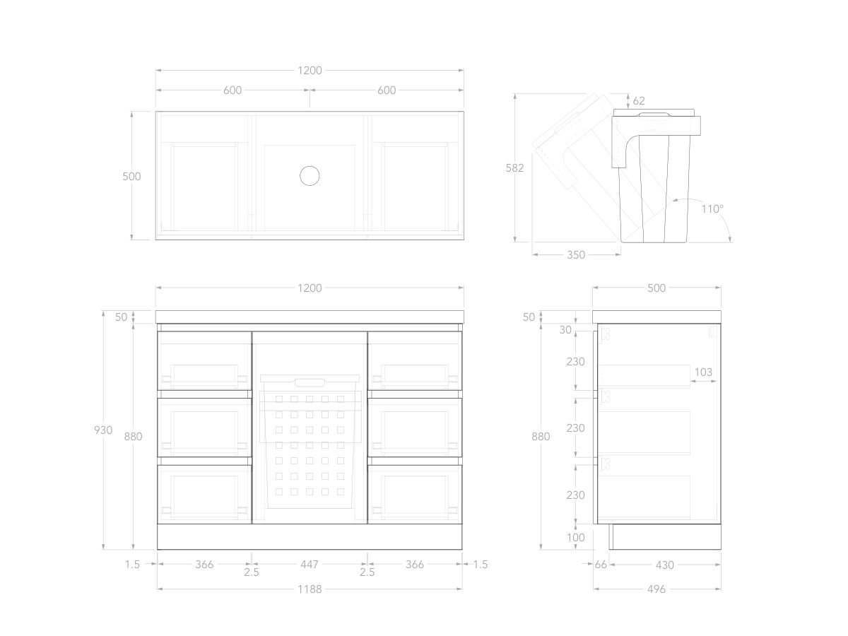Technical Image - Posh Domaine Plus Hamper 1200 Floor Mounted Centre Bowl 50mm Top