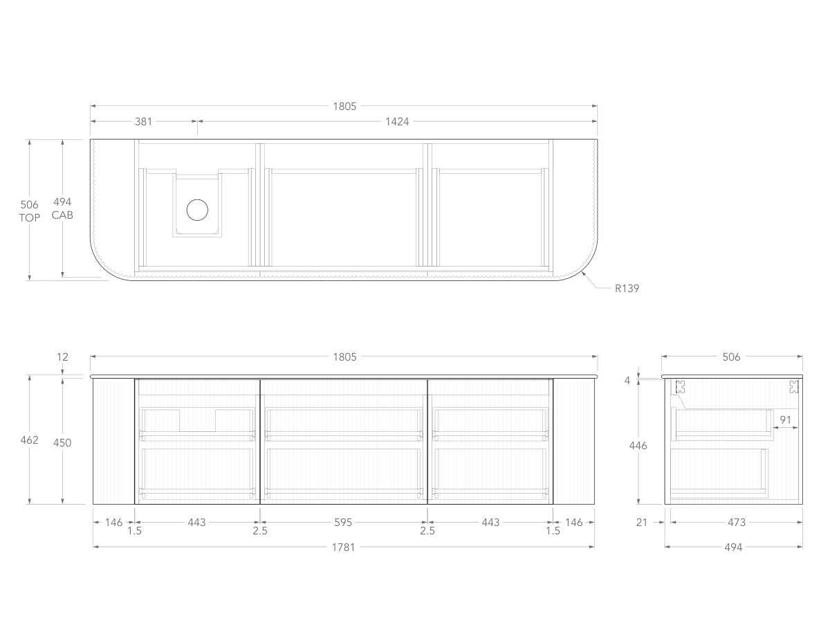 Technical Drawing - Kado Neue Fluted Double Curve All Drawer 1800 Wall Hung Vanity with Left Hand Basin Durasein 12mm Top