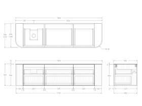 Technical Drawing - Kado Neue Fluted Double Curve All Drawer 1800 Wall Hung Vanity with Left Hand Basin Durasein 12mm Top