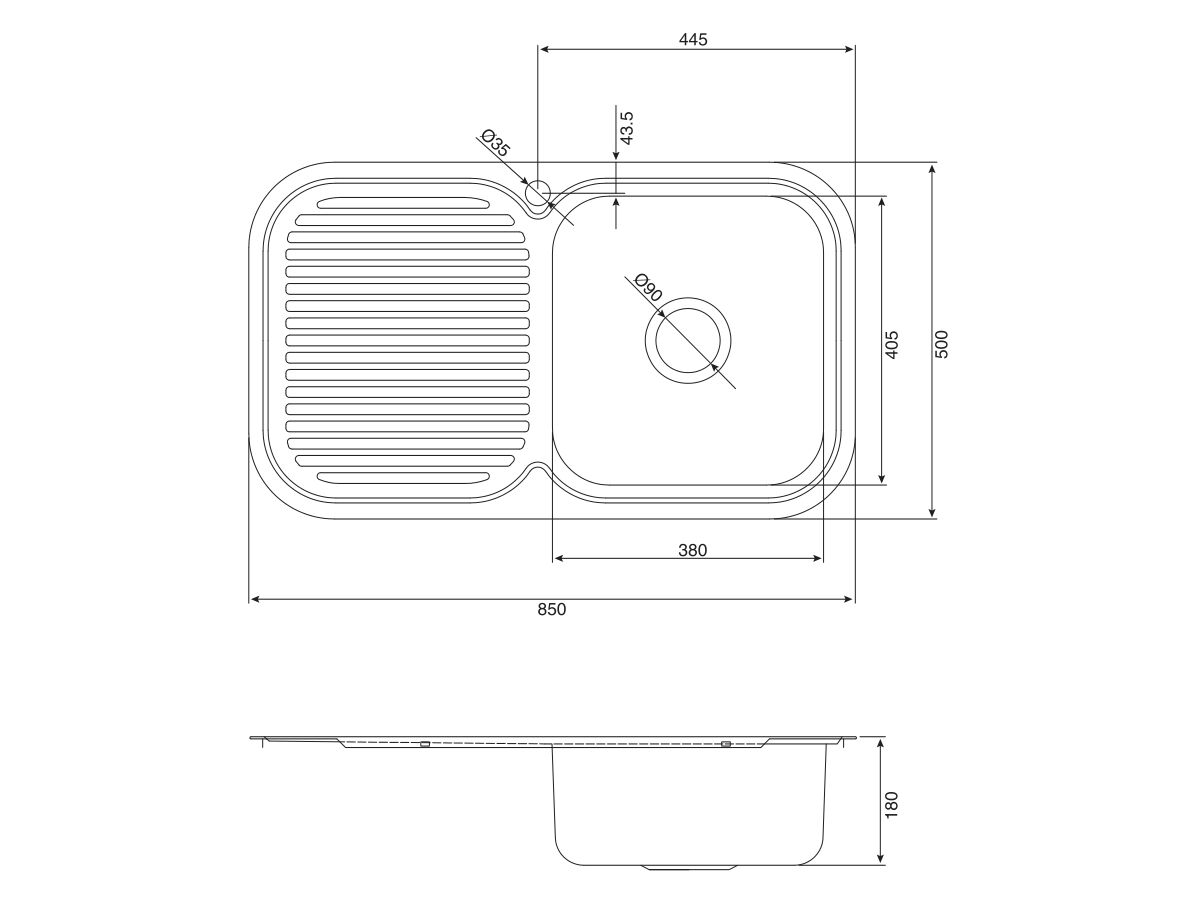 Base MK3 Single Bowl Sink 1 Taphole Right Hand Bowl 850mm Stainless Steel