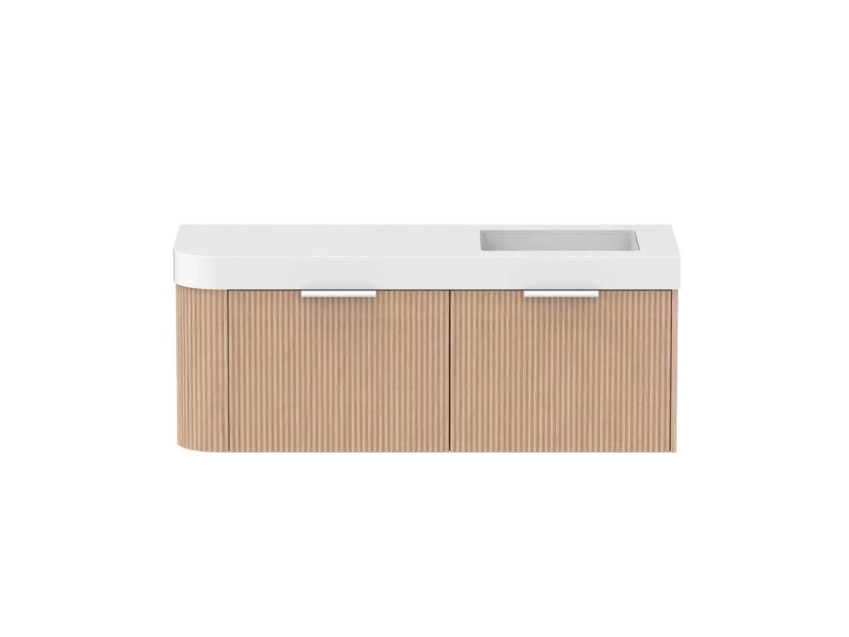 Supporting Image - Kado Neue Fluted Single Curve All Drawer 1350mm Wall Hung Vanity with Right Hand Basin Durasein 90mm Top Blonde Oak