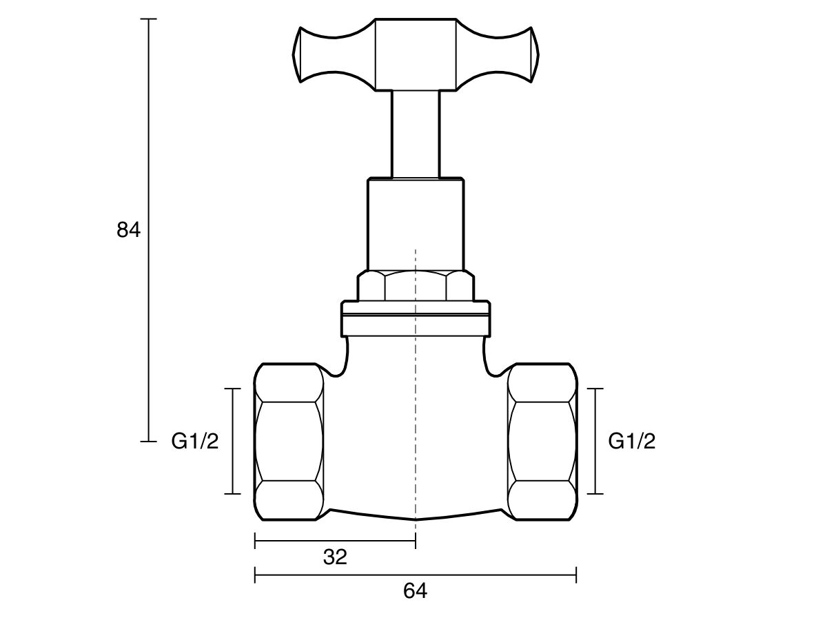 Technical Drawing - Dura Stop Tap Female & Female T-Head Rough Brass 15mm Lead Free
