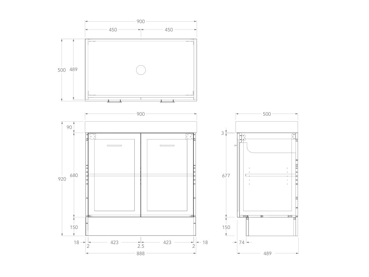 Kado Lux Door Vanity Unit 900 Floor Mount Centre Bowl Statement Top 2 Doors (No Basin)
