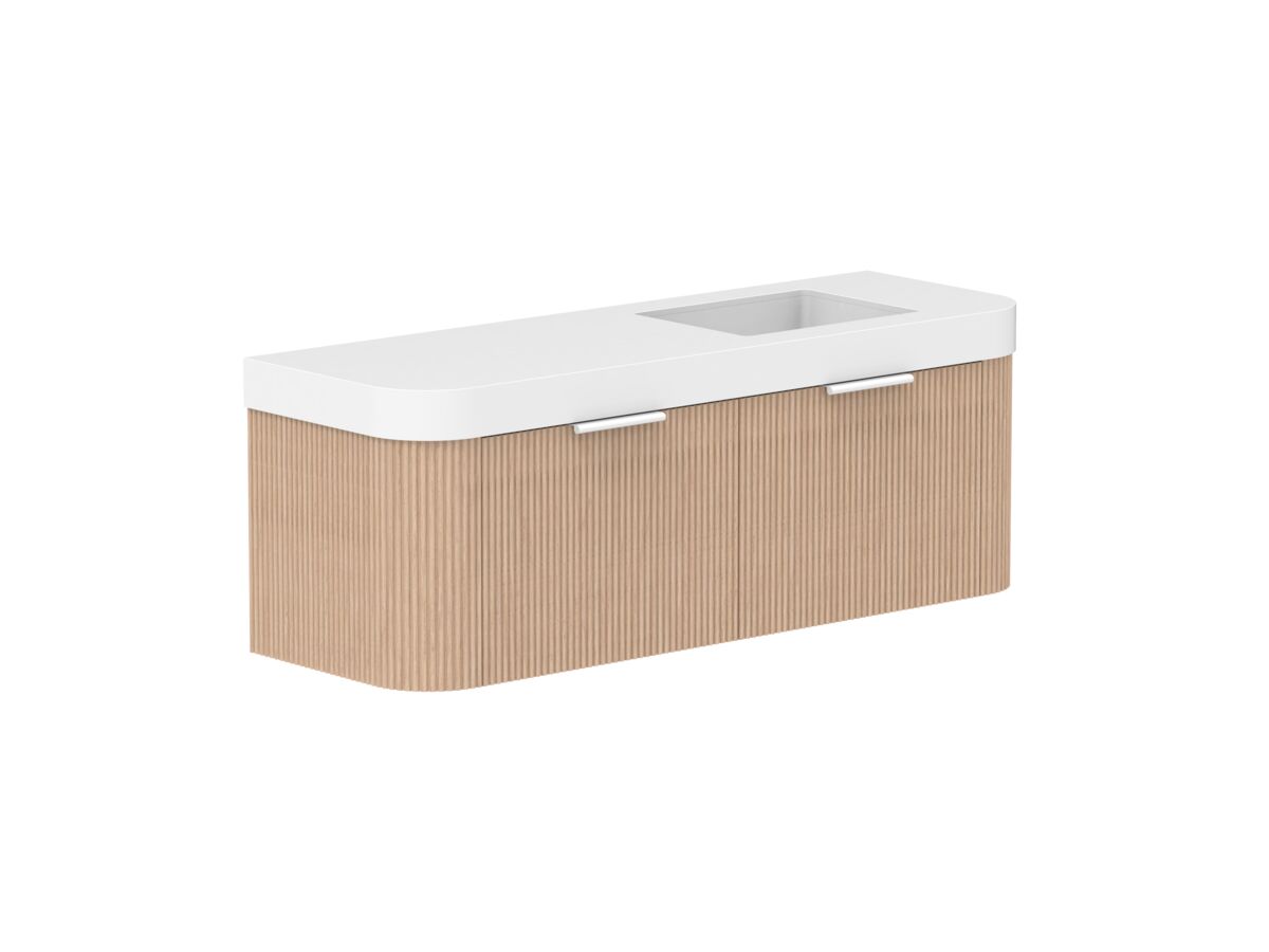 Supporting Image 2- Kado Neue Fluted Double Curve All Drawer 1500mm Wall Hung Vanity with Right Hand Basin Durasein 90mm Top Blonde Oak