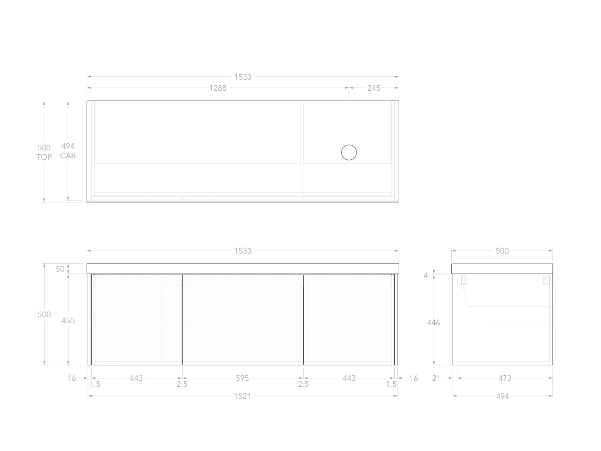 Technical Drawing - Kado Neue Fluted Square All Door 1500mm Wall Hung Vanity with Right Hand Basin 50mm Top