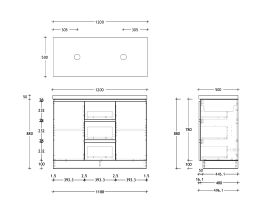 Technical Drawing - Posh Domaine 1200mm Floor Mount Vanity Unit Conventional Double Bowl 50mm Top