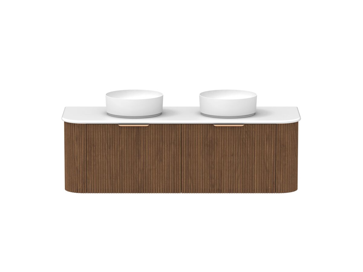 Hero - Kado Neue Fluted Double Curve All Drawer 1500 Wall Hung Vanity With Double Basin 20mm Florentine Walnut