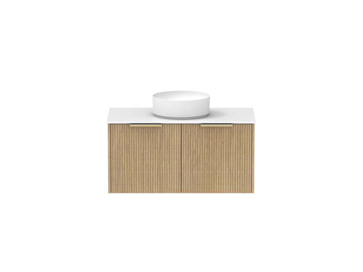 Supporting Image - Kado Neue Fluted Square All Drawer 900mm Wall Hung Vanity with Centre Basin Durasein 12mm Top Boston Oak