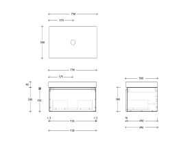 Technical Drawing - Posh Domaine 750mm Wall Hung Vanity Unit All-Drawer 90mm Top