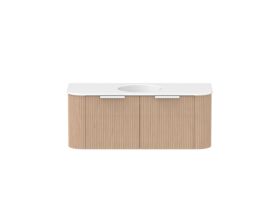 Supporting Image - Kado Neue Fluted Double Curve 1200mm Wall Hung Vanity Centre Basin Matte White Ceramic Top Blonde Oak