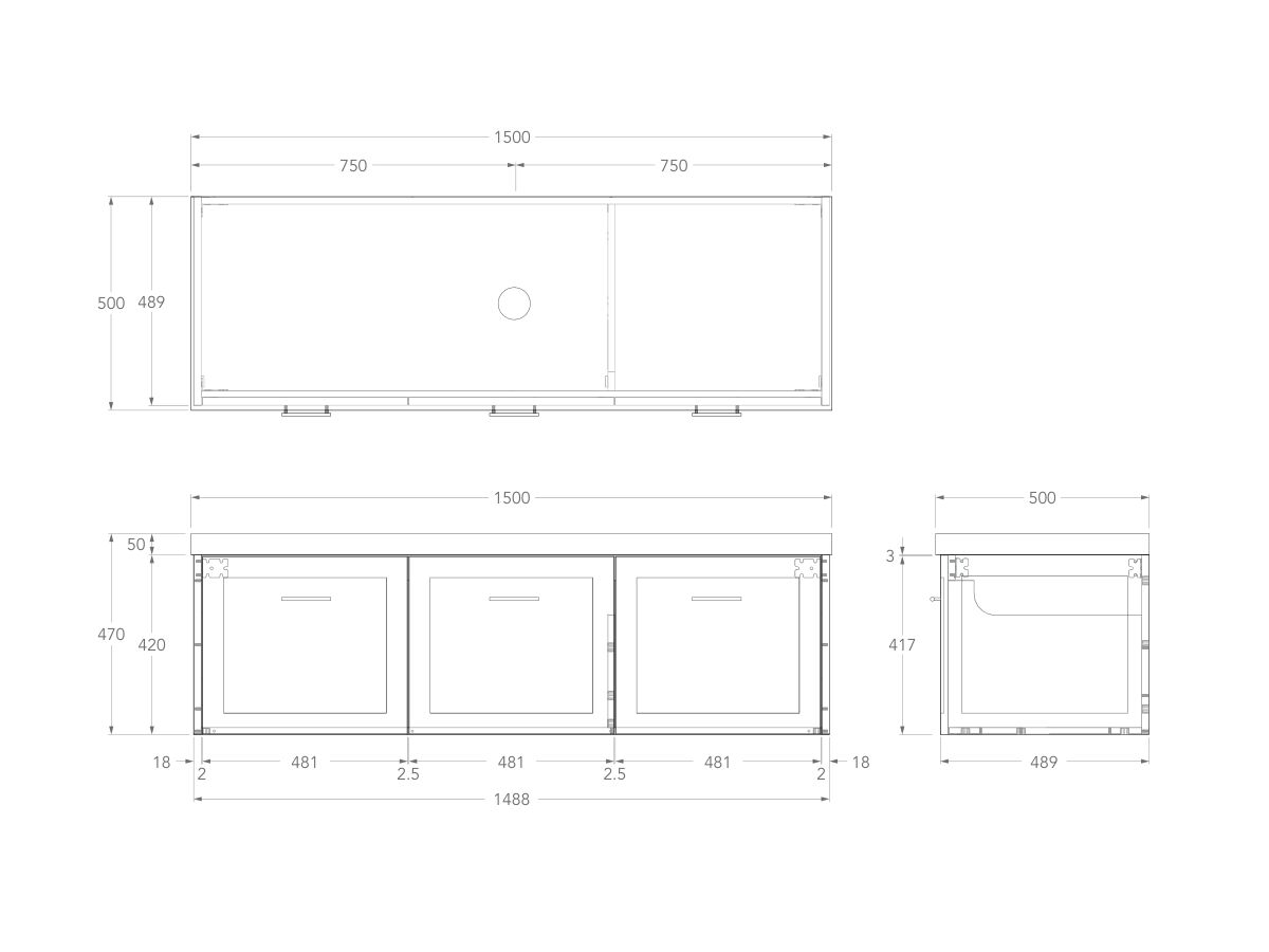 Technical Drawing - Kado Lux All Door 1500mm Centre Bowl Wall Hung 50mm Top