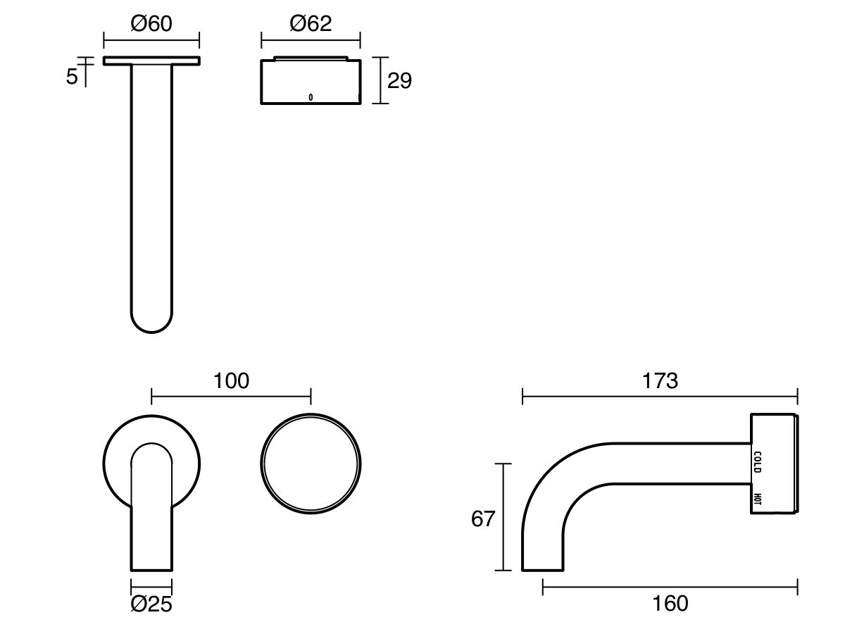 Technical Drawing - Sussex Pure Elemental Progressive Bath Mixer System 160mm