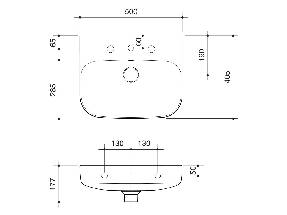 Technical Drawing - Caroma Forma II 500mm Wall Basin Three Tapholes with Overflow Gloss White