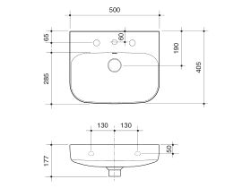 Technical Drawing - Caroma Forma II 500mm Wall Basin Three Tapholes with Overflow Gloss White
