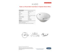 Specification Sheet - Kado Lux Round Semi Inset Basin 430mm 0 Taphole White