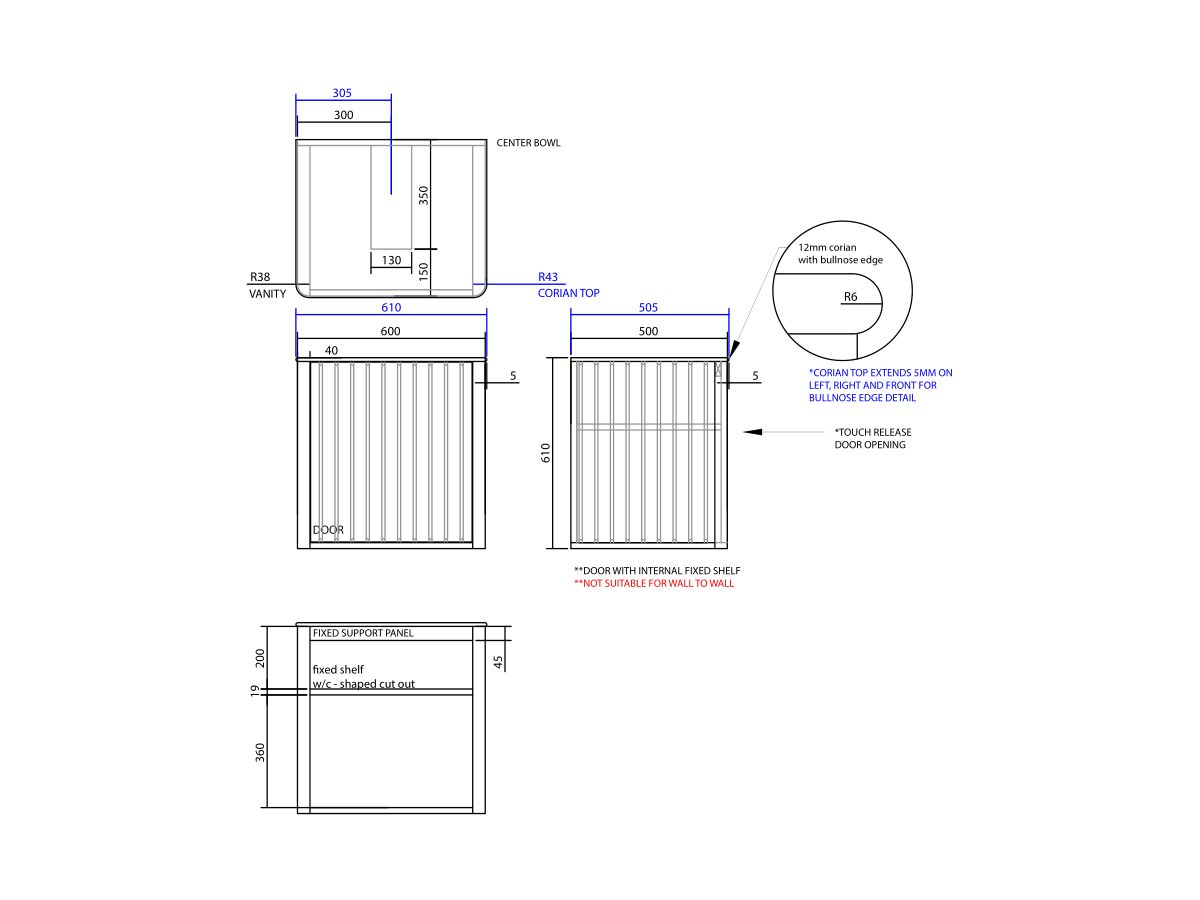 ISSY Cloud I 600mm x 500mm x 610mm Wall Hung Vanity Unit 1 Touch Latch Door Semi Inset (No Basin)
