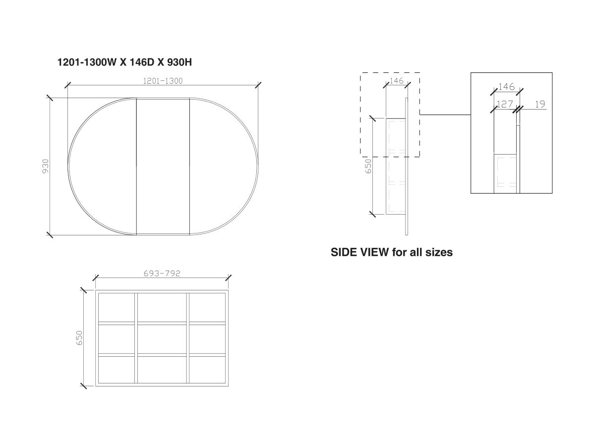 ISSY Halo 1191-1300 x 930mm Rounded Triple Mirror with Shaving Cabinet