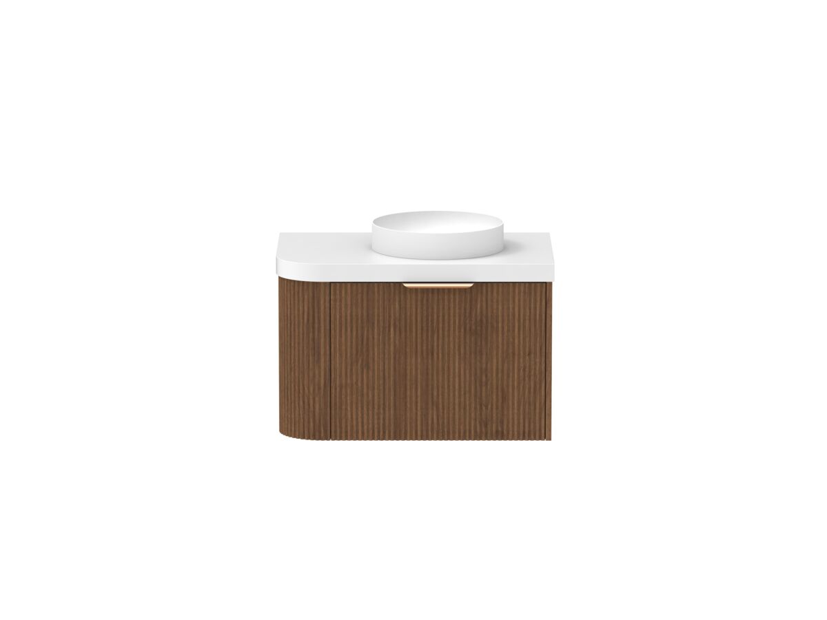 Supporting Image - Kado Neue Fluted Single Curve All Drawer 750mm Wall Hung Vanity with Centre Basin Durasein 50mm Top Florentine Walnut