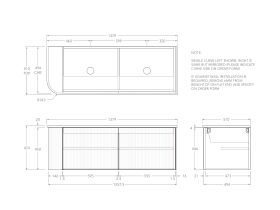 Technical Drawing - Kado Neue Fluted Single Curve All Door 1350mm Wall Hung Vanity with Double Basin 20mm Top