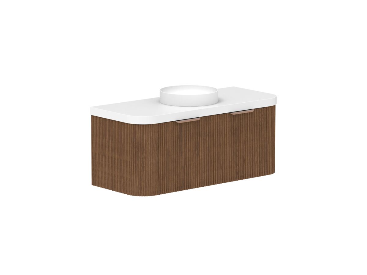 Supporting Image - Kado Neue Fluted Double Curve All Drawer 1200mm Wall Hung Vanity with Centre Basin Durasein 50mm Top Florentine Walnut