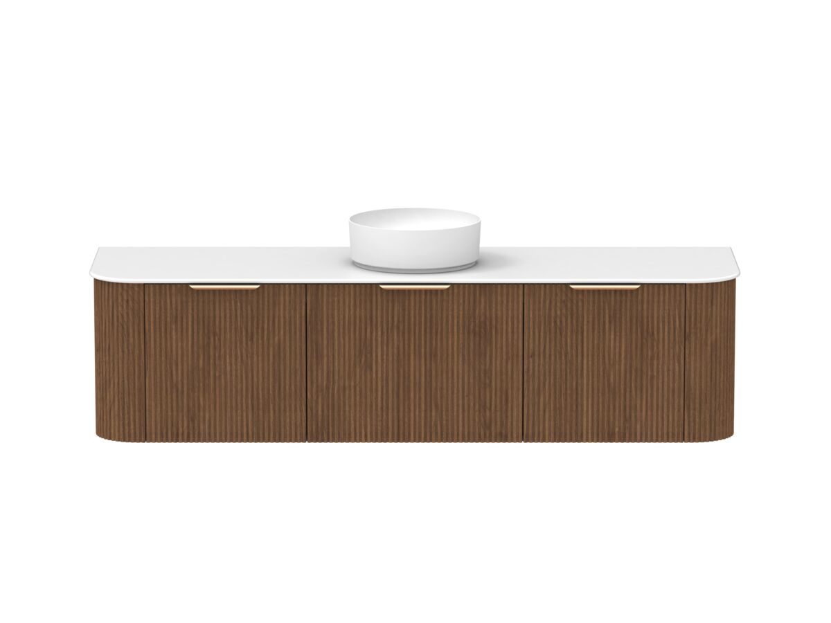 Hero - Kado Neue Fluted Double Curve All Drawer 1800 Wall Hung Vanity with Centre Basin Durasein 12mm Top Florentine Walnut
